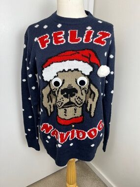 H&M ‘Feliz Navidog’ Ugly Christmas Sweater Unisex sz S Navy Multi Holiday Funny